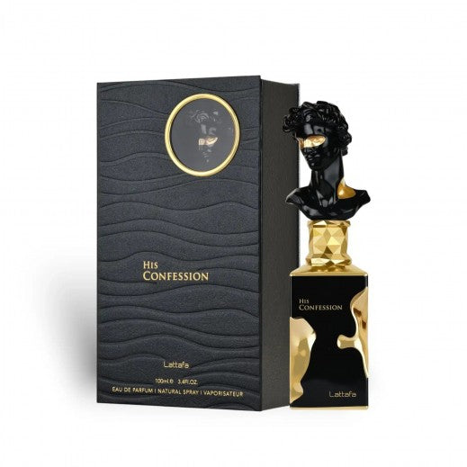 Lattafa His Confession Eau de Parfum 100ml black and gold luxury perfume bottle with box