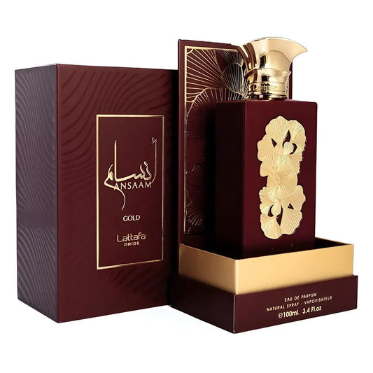 Lattafa Pride Ansaam Gold Eau de Parfum 100ml bottle and box in maroon with gold floral design