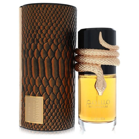 Lattafa Musk Al Aroos perfume bottle with golden snake design and textured box.