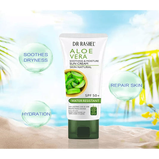 Dr Rashel Aloe Vera Sun Cream SPF 50+ tube with aloe vera slices and glass bottle