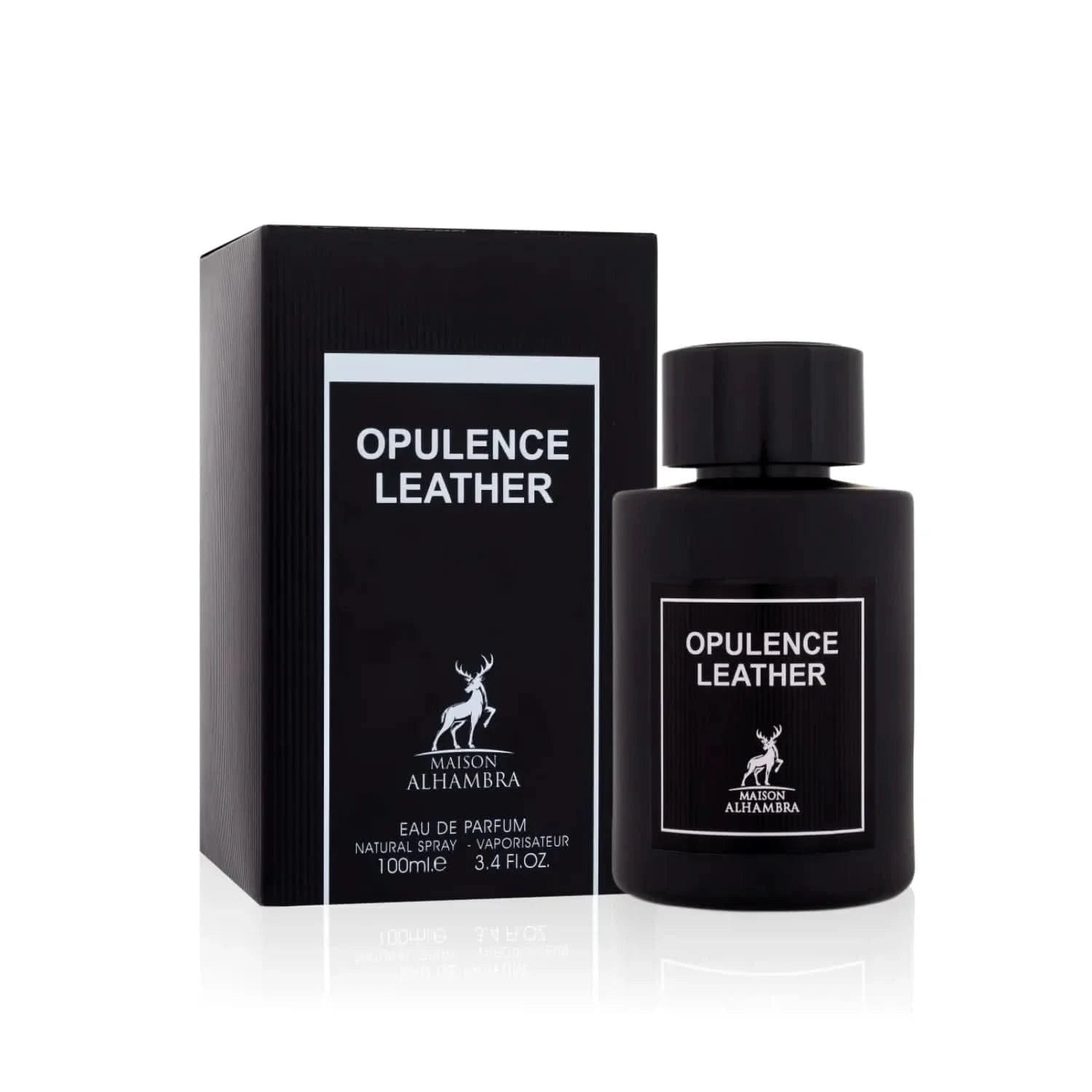 Maison Alhambra Opulence Leather Eau de Parfum 100ml black bottle with matching box.