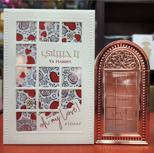 Asdaaf Ya Habibti perfume bottle and packaging with elegant rose-gold design.