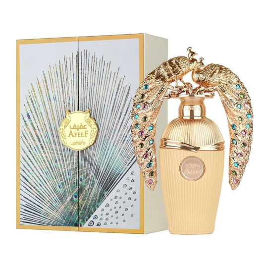 Lattafa Afeef Eau De Parfum 100ml with luxurious golden peacock bottle design