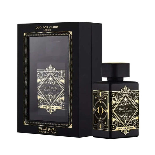 Lattafa Badee Al Oud Oud For Glory 100ml perfume bottle with black and gold box
