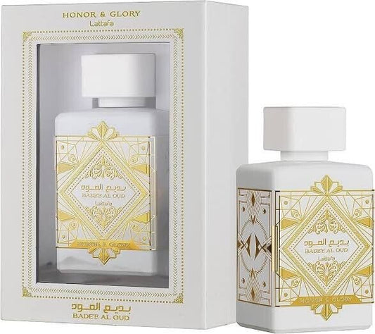 Lattafa Badee Al Oud Honor & Glory perfume bottle and packaging in white and gold design – 100ml