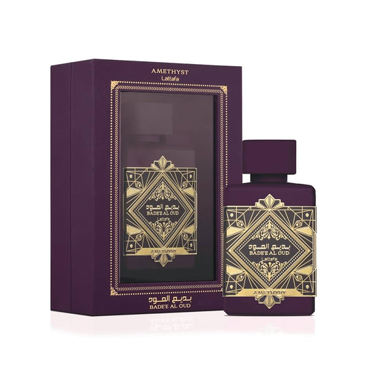 Lattafa Badee Al Oud Amethyst Eau de Parfum in purple and gold bottle with box