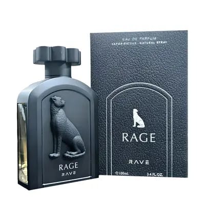 Rave Rage Eau de Parfum 100ml black bottle with panther design and box.