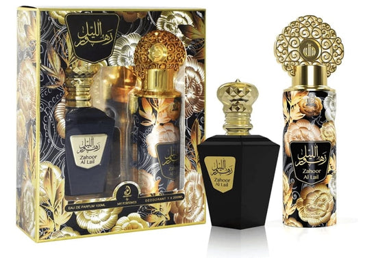 Zahoor Al Lail perfume and deodorant gift set with elegant black and gold packaging