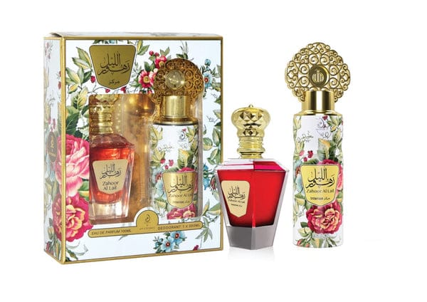 Zahoor Al Lail Intense Red Edition perfume set with 100ml EDP and 200ml deodorant in floral design packaging.