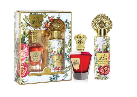 Zahoor Al Lail Intense Red Edition perfume set with 100ml EDP and 200ml deodorant in floral design packaging.
