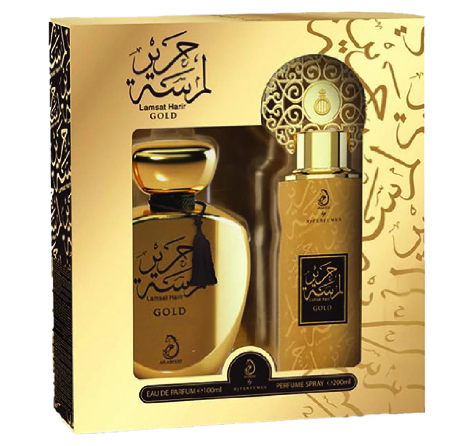 Lamsat Harir Gold perfume set with Eau de Parfum and Perfume Spray in luxury golden packaging.