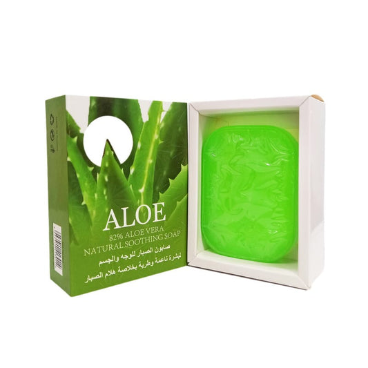 Green aloe vera soap bar with box packaging labeled 82% aloe vera natural soothing soap.