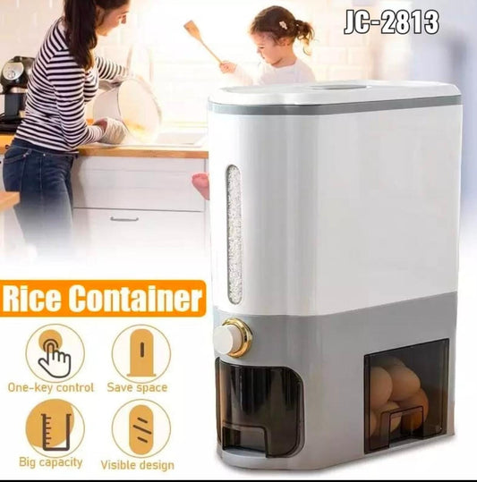 Modern rice storage container JC-2813 with one-key control and transparent window.