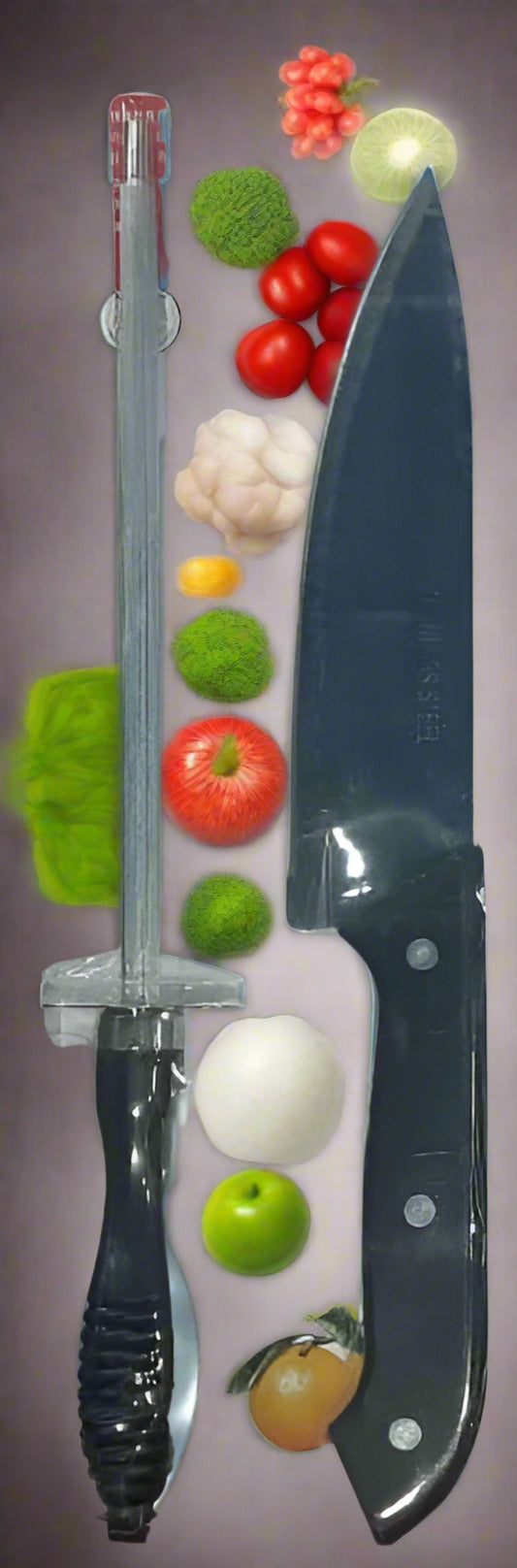 Stainless steel kitchen knife set with sharpening rod and black handle.