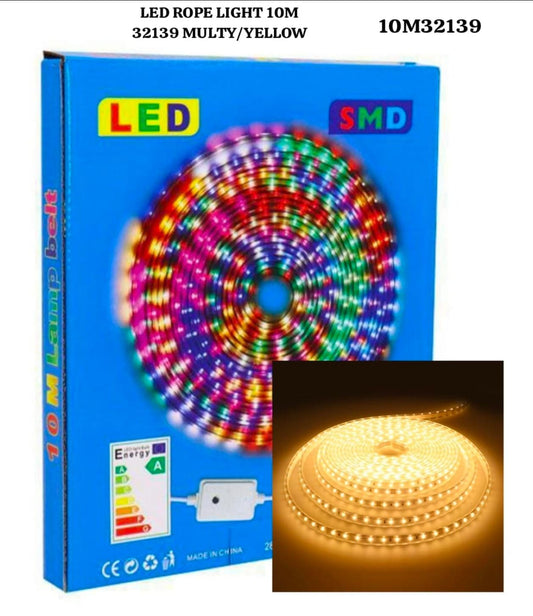LED Rope Light 10M in multicolor and yellow, flexible lighting strip for home decoration.