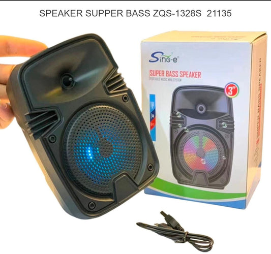 Super Bass Bluetooth Speaker ZQS-1328S with LED lights and USB charging cable.