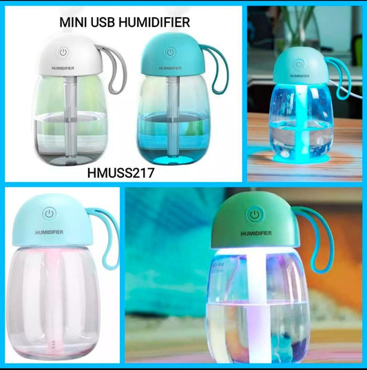 Mini USB humidifier HMUSS217 with LED light and water tank for home and car use.