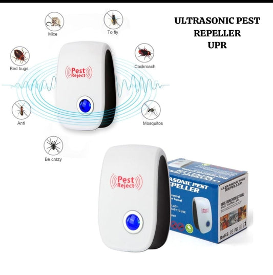 Ultrasonic pest repeller device with blue LED light and packaging box shown.