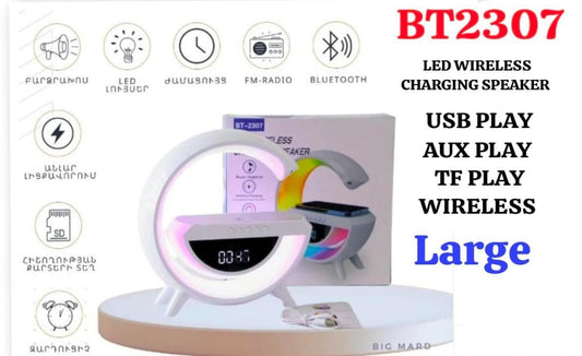 BT2307 LED wireless Bluetooth speaker with wireless charging pad and multicolor ambient light.