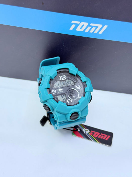 Aqua blue Tomi sports digital analog wristwatch with bold rugged design.