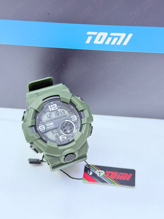 Army green Tomi sports digital analog wristwatch with rugged military design.