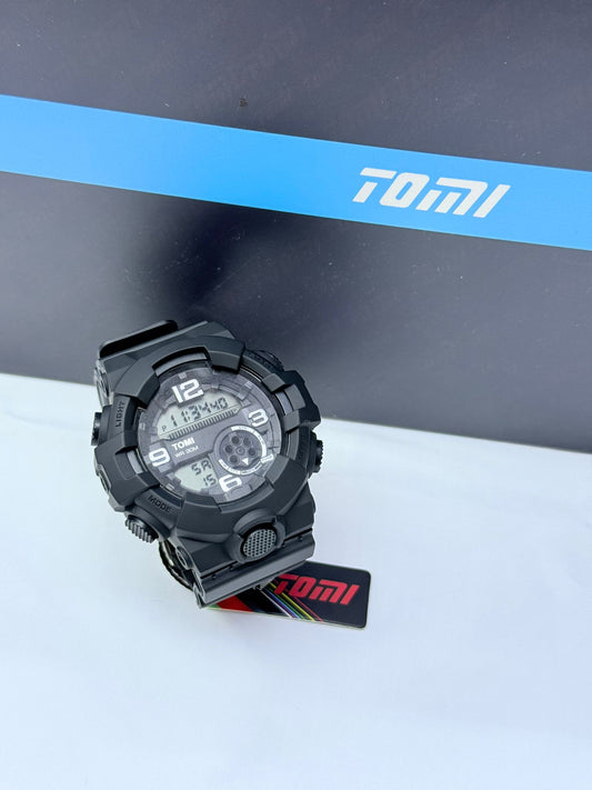 Black Tomi sports digital analog wristwatch with rugged design.