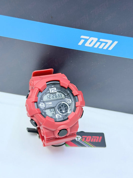 Red Tomi sports digital analog wristwatch with rugged bold design.