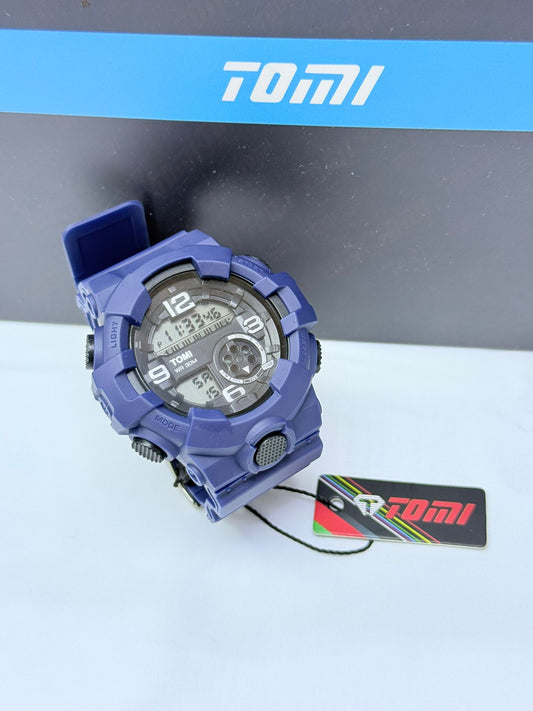 Navy blue Tomi sports digital analog wristwatch with rugged stylish design.