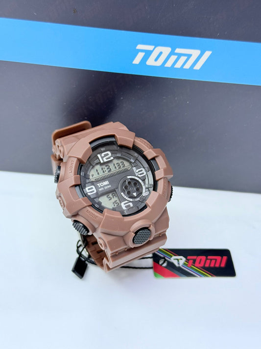 Brown Tomi digital analog sports wristwatch with rugged durable design.
