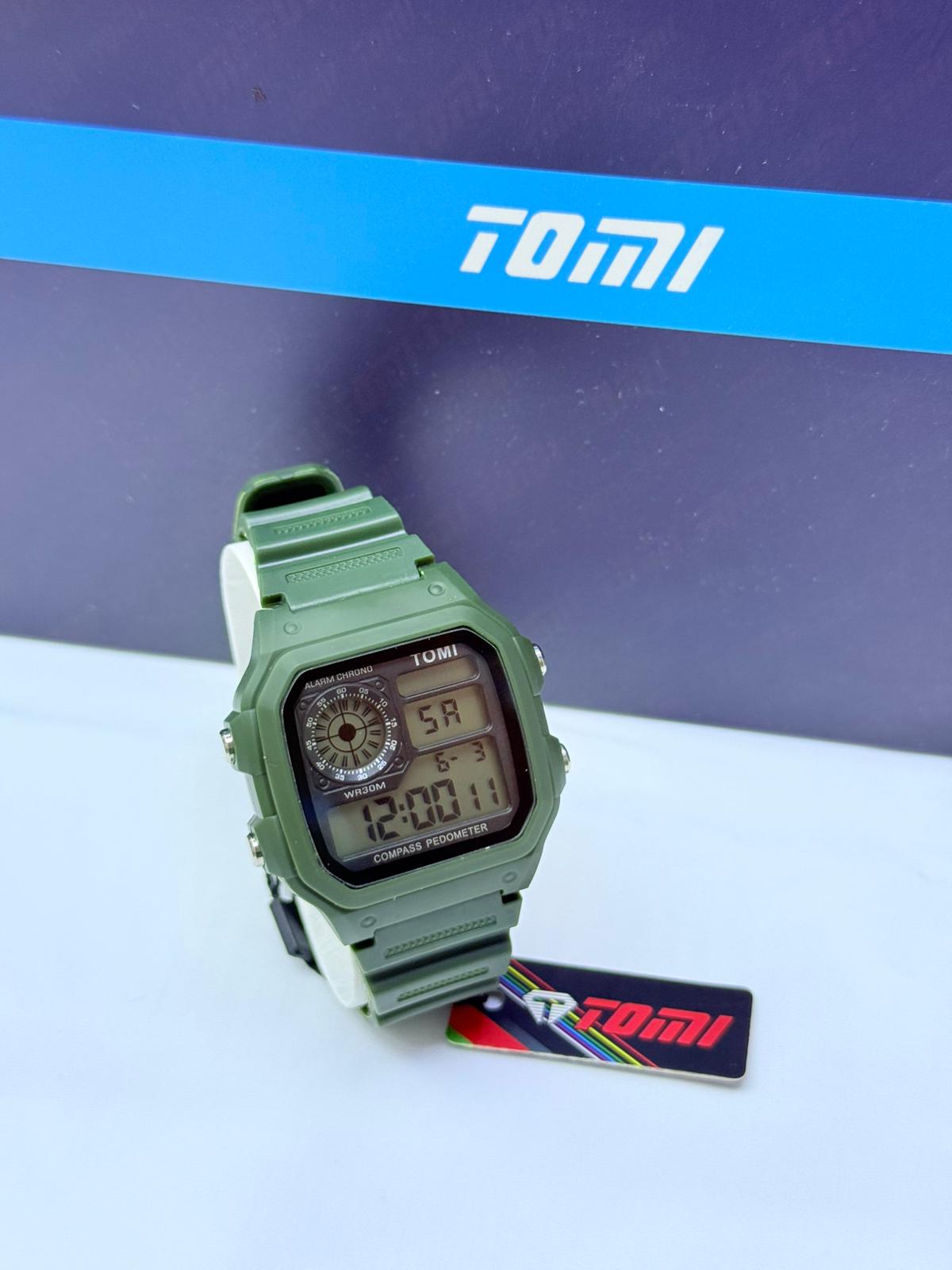TOMI Digital Square Compass Pedometer Watch – Assorted Colours