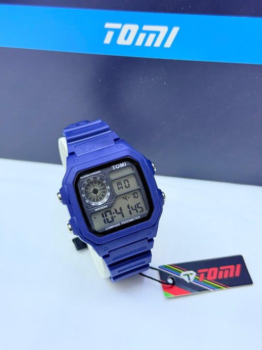 "TOMI Digital Square Compass Pedometer Watch in assorted colours – blue, sky blue, brown, grey, green, black"