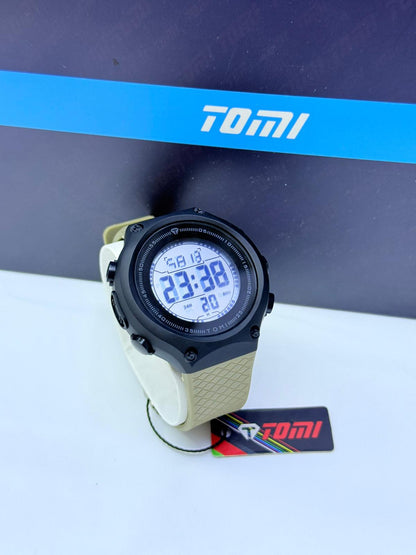 Tomi full digital sports watch collection with textured resin straps in assorted colors.