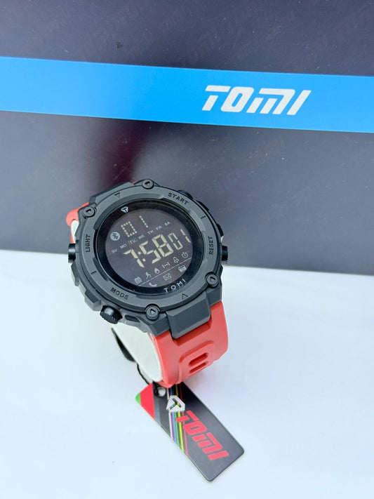 Tomi smart digital sports watch with black case and red strap, rugged multifunction design.