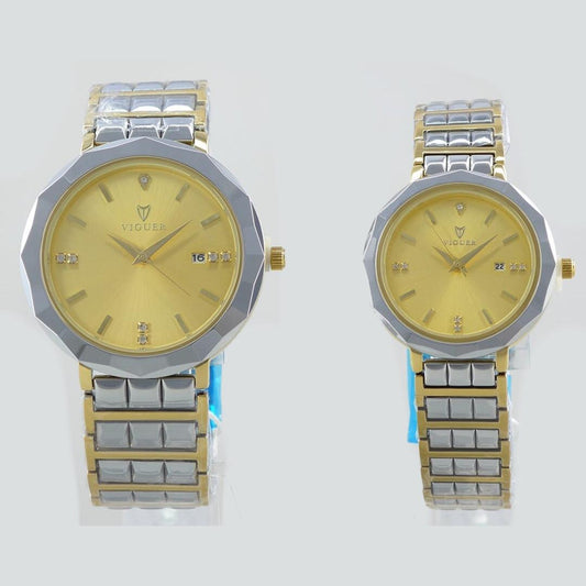 VIGUER V1742ML couple watch with gold dial and two-tone silver-gold stainless steel strap.