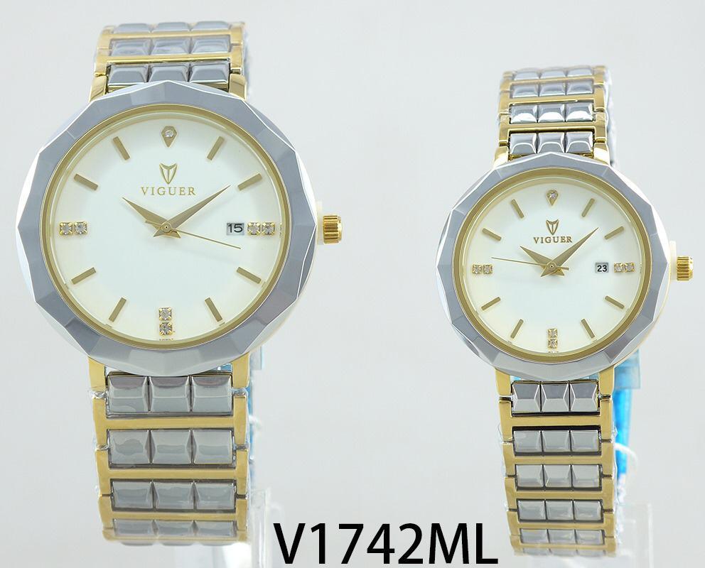 VIGUER V1742ML couple watch with white dial and two-tone silver-gold stainless steel strap.