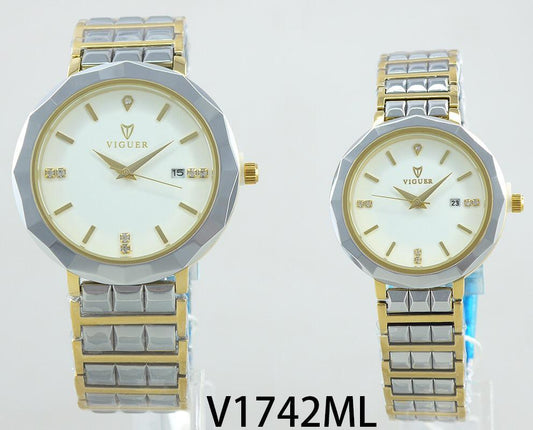 VIGUER V1742ML couple watch with white dial and two-tone silver-gold stainless steel strap.
