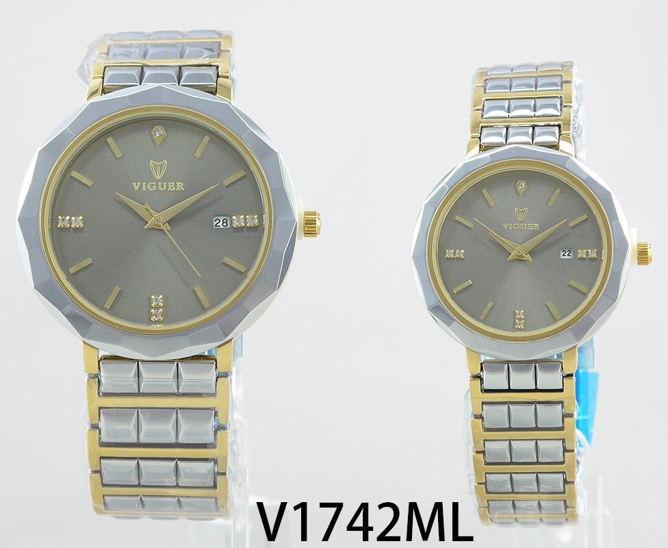 VIGUER V1742ML couple watch with grey dial and two-tone silver-gold stainless steel strap.