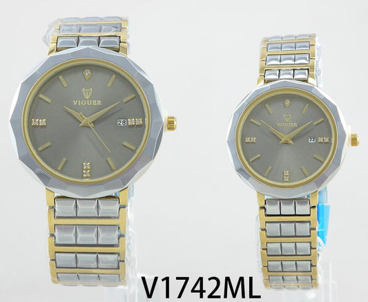 VIGUER V1742ML couple watch with grey dial and two-tone silver-gold stainless steel strap.