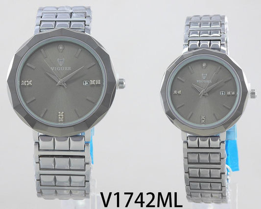 VIGUER V1742ML couple watch set with silver dial and polished stainless steel strap.