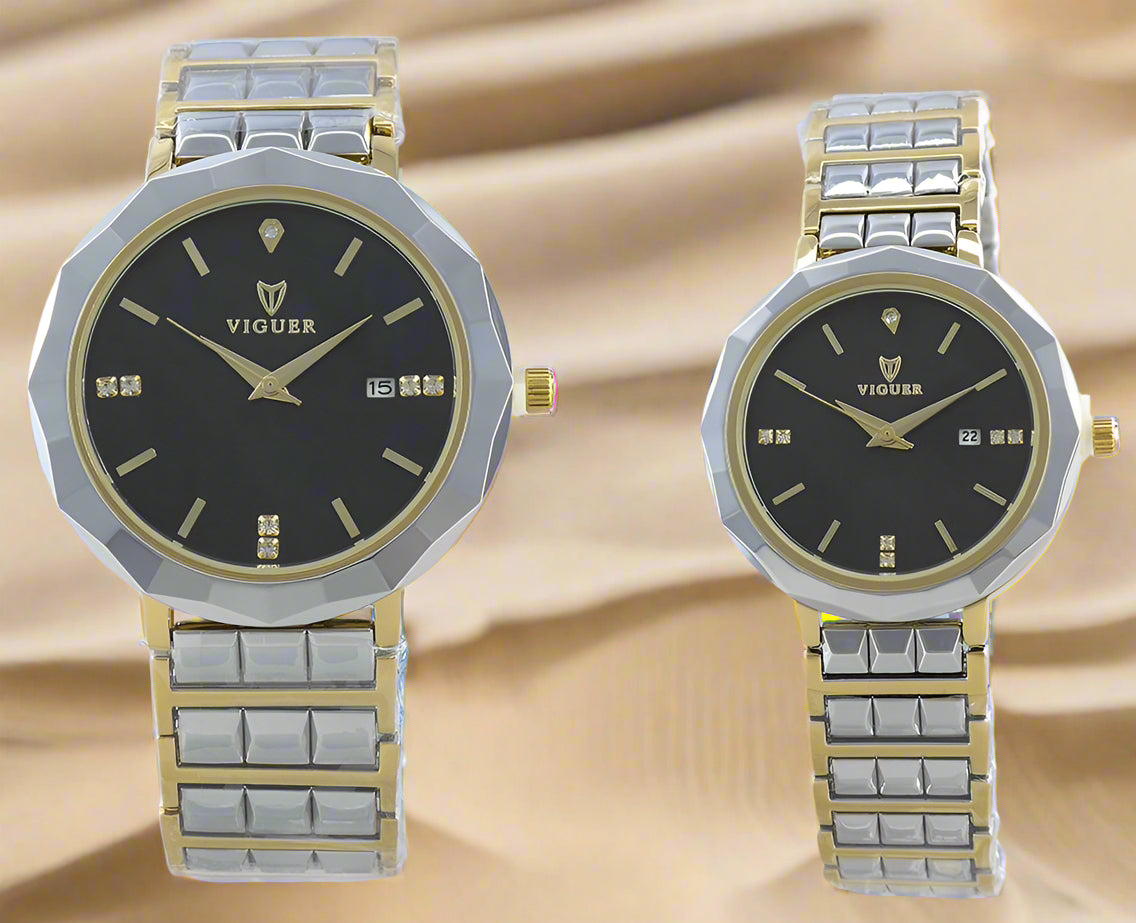 VIGUER V1742ML couple watch set with black dial and two-tone silver & gold strap.