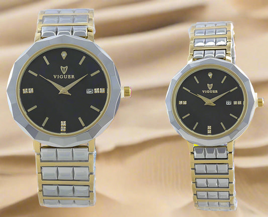 VIGUER V1742ML couple watch set with black dial and two-tone silver & gold strap.