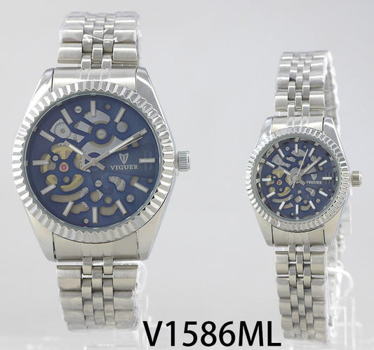 VIGUER V1586ML couple watch with blue skeleton dial and stainless steel strap.
