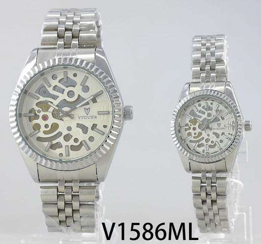 VIGUER V1586ML couple watch with silver skeleton dial and stainless steel strap.
