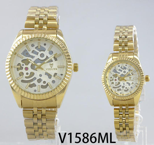 VIGUER V1586ML couple watch with white skeleton dial and full gold stainless steel strap.