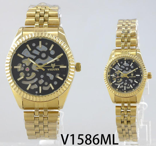 VIGUER V1586ML couple watch with black skeleton dial and full gold stainless steel strap.