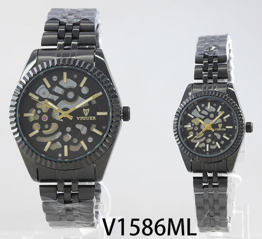VIGUER V1586ML couple watch with black skeleton dial and black stainless steel strap.