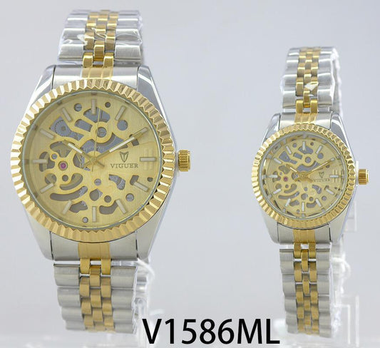 VIGUER V1586ML couple watch with gold skeleton dial and silver-gold stainless steel strap.