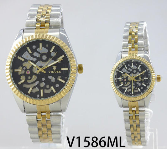 VIGUER V1586ML couple watch with black skeleton dial and two-tone silver-gold strap.