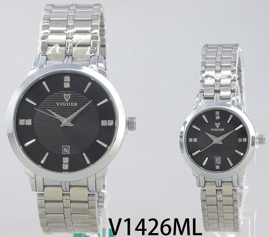 VIGUER V1426ML couple watch with black dial and silver stainless steel strap.