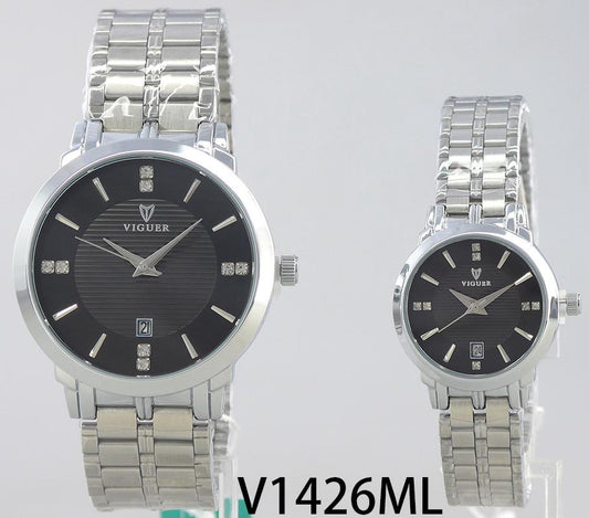 VIGUER V1426ML couple watch with black dial and silver stainless steel strap.
